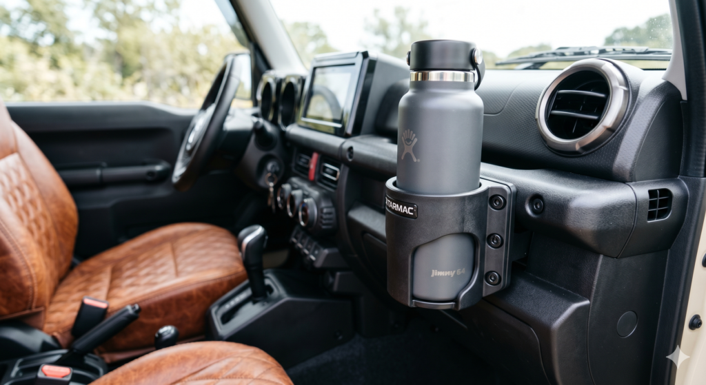 利便性を追求して新型ジムニーカスタムパーツの専用ドリンクホルダーやシートカバーを装着した内装