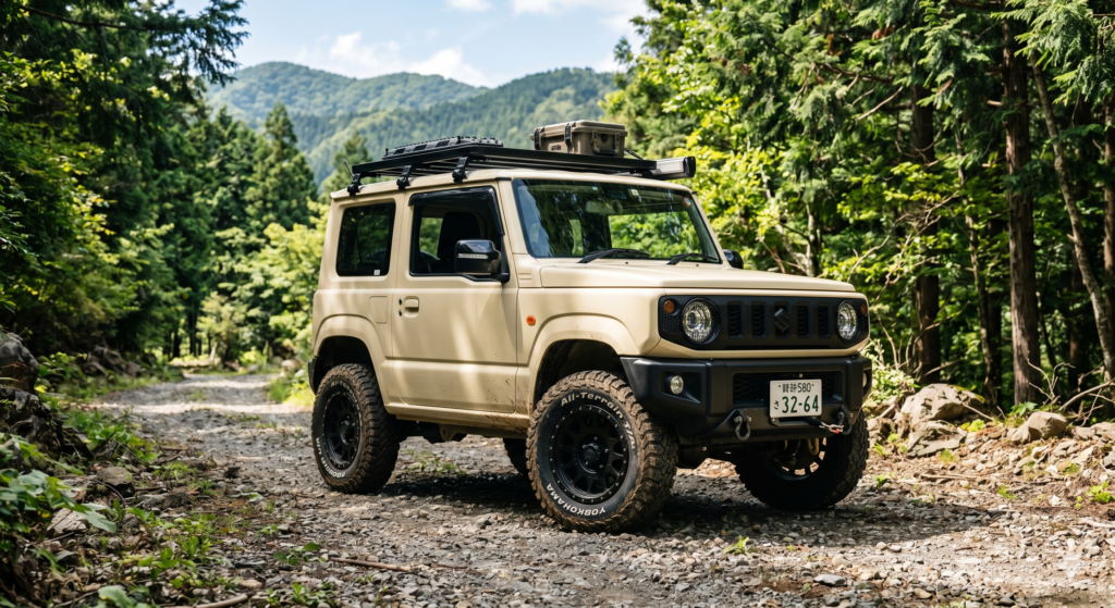 山道を軽快に走行する、魅力的な新型ジムニーカスタムパーツで仕上げられたJB64の全体像