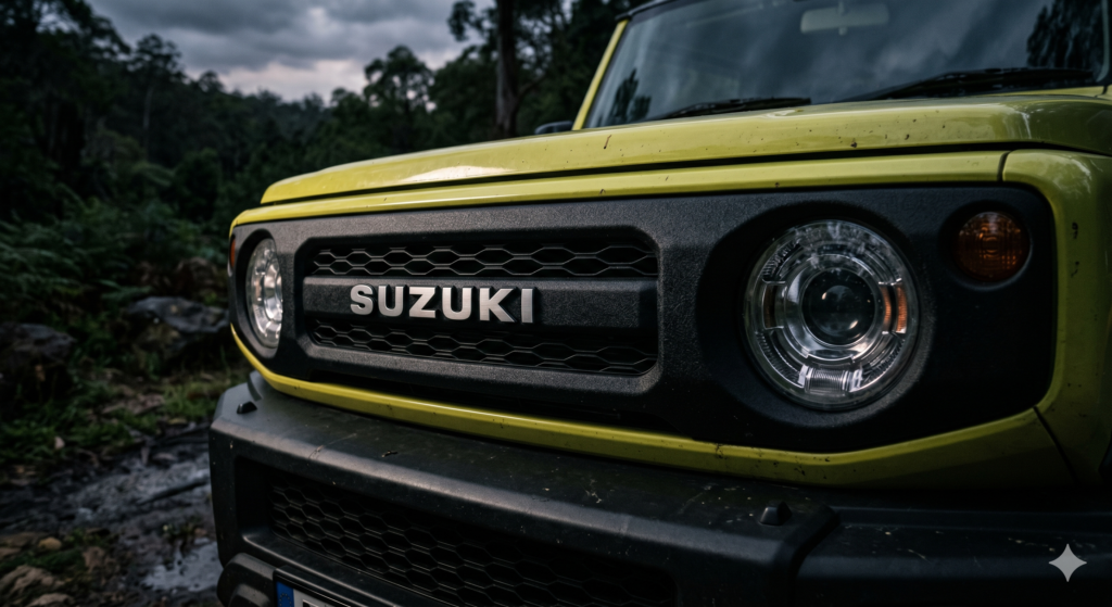 レトロな雰囲気を演出する新型ジムニーカスタムパーツのフロントグリルに変更したフェイスデザイン